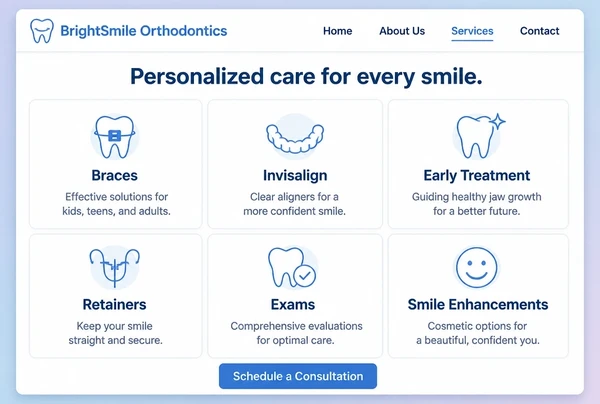 An orthodontic practice website services page showing six service cards in a grid
