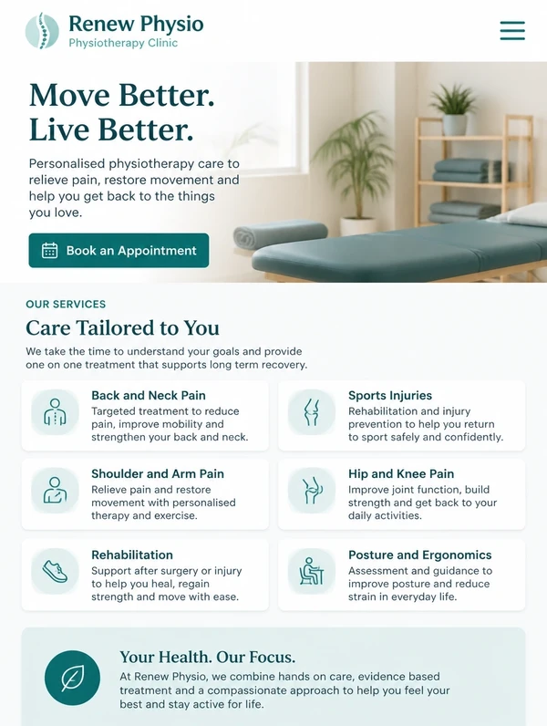 A physiotherapy clinic website on a phone with services and a booking button