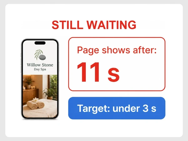Willow Stone Day Spa speed report shows the page after 11 seconds against a target under 3 seconds.