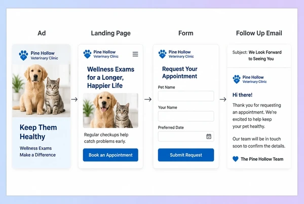 A four step veterinary practice campaign path from advert to page to form to follow up email