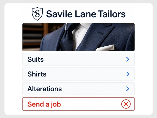 Savile Lane Tailors page lists Suits, Shirts, and Alterations above a Send a job box with a red X.