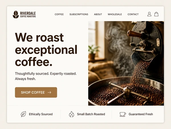 The top of a coffee roastery home page with a clear headline, one photograph and one button