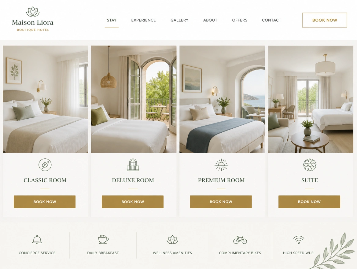 A boutique hotel website with room categories and a book now button