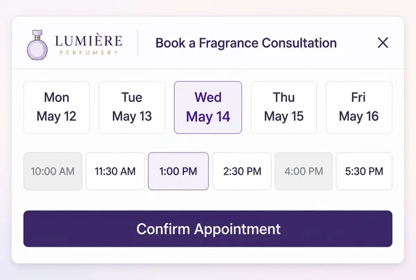 A booking screen on a perfumery website with days, time slots and a confirm button