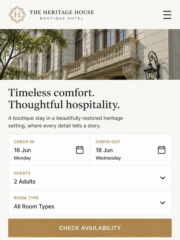 A boutique hotel website on a phone with a room booking search