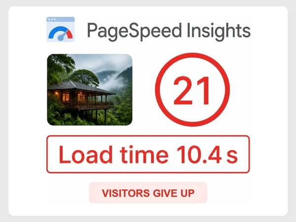 Kinabalu Ridge Lodge PageSpeed Insights report shows score 21 and load time 10.4 seconds in red.