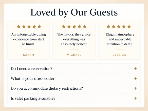 A fine dining restaurant website section showing three customer reviews above a list of four questions