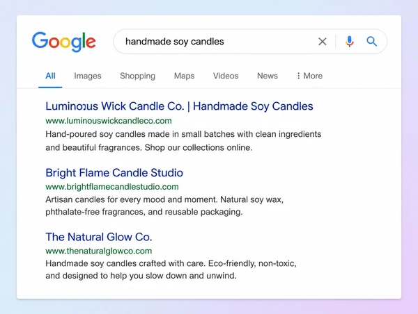A Google results page where the first of three results is a candle maker website