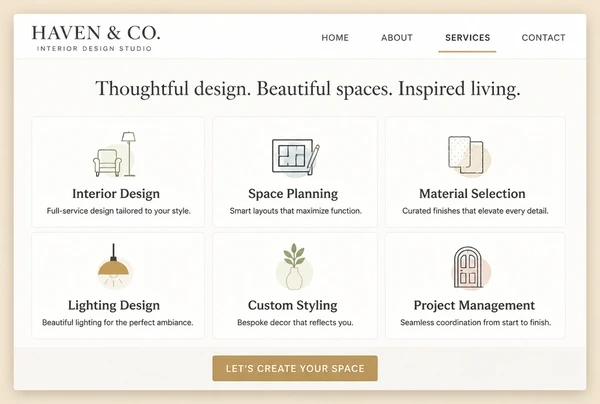 An interior design studio website services page showing six service cards in a grid