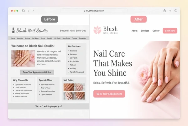 An old nail studio home page beside its rebuilt version, labelled before and after