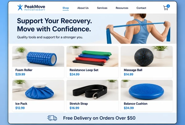 A physiotherapy practice online shop page showing six products with photographs and prices