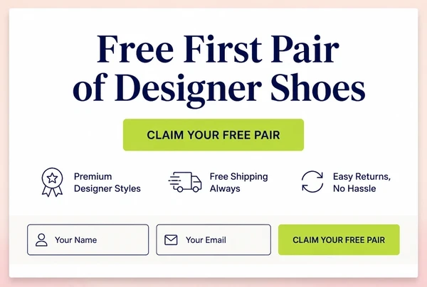 A one page shoe boutique website with one offer, three benefit lines and a single button