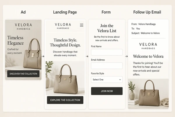 A four step handbag brand campaign path from advert to page to form to follow up email