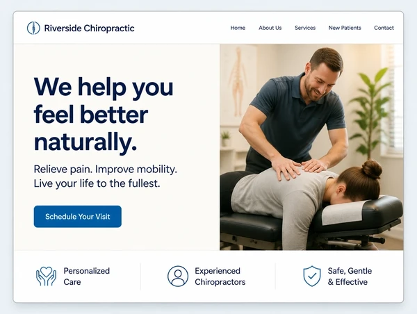 The top of a chiropractic clinic home page with a clear headline, one photograph and one button