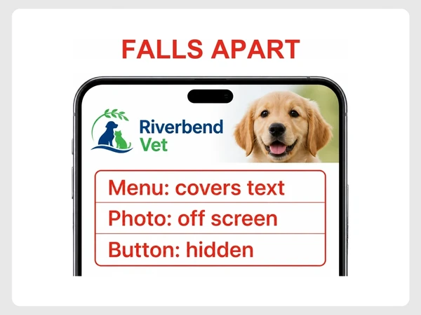 Riverbend Vet phone report marks its menu covering text, photo off screen, and button hidden in red.