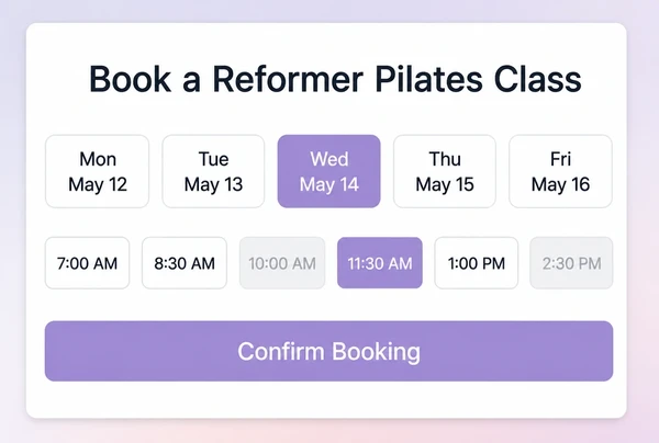 A booking screen on a pilates studio website with days, time slots and a confirm button