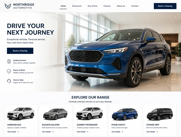 A car showroom home page with a model list and a book a viewing button