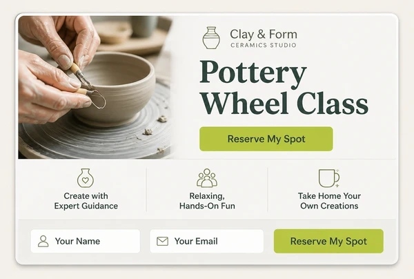 A one page ceramics studio website with one offer, three benefit lines and a single button