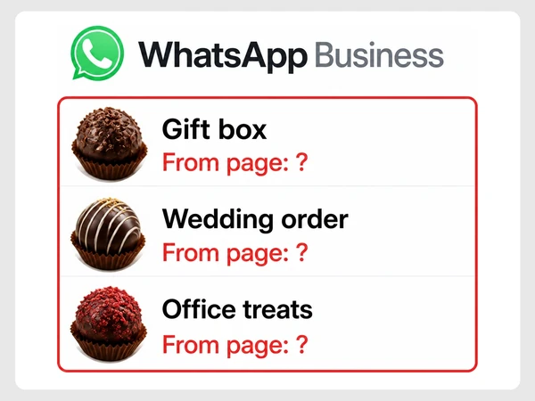 Noir Cacao WhatsApp Business list marks Gift box, Wedding order, and Office treats with From page question marks.