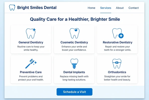 A dental practice website services page showing six service cards in a grid