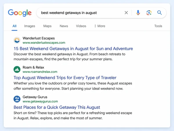 A Google results page where the first of three results is a travel website