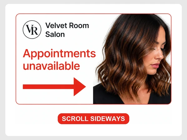 Velvet Room Salon phone page extends beyond the screen beside a red arrow and SCROLL SIDEWAYS label.