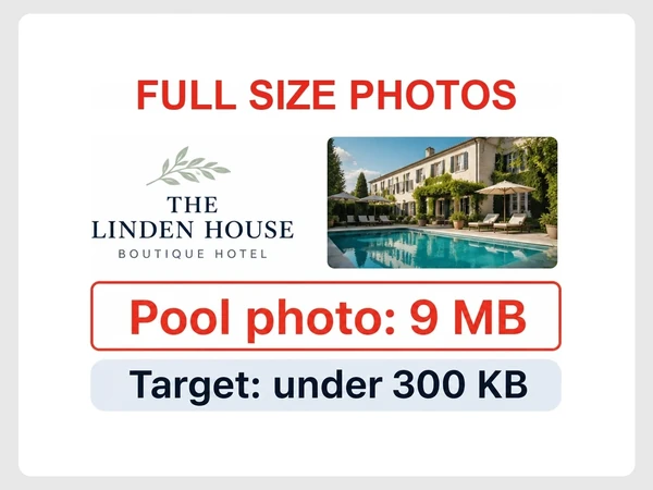 The Linden House speed report shows a 9 MB pool photo against a target under 300 KB.