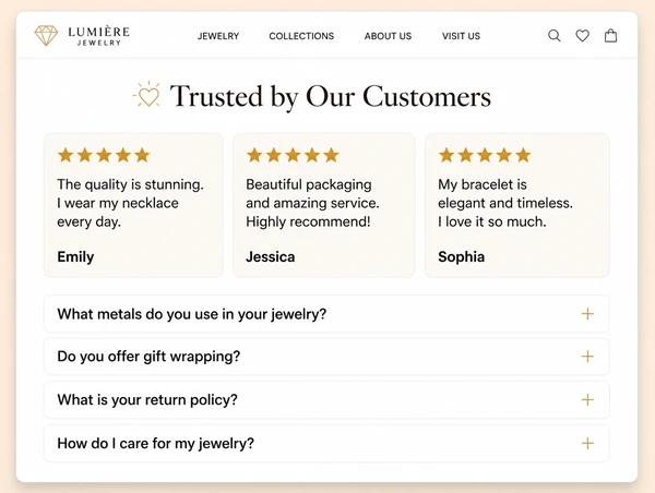 A jewellery boutique website section showing three customer reviews above a list of four questions