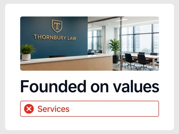Thornbury Law homepage says Founded on values while its empty Services line has a red circle X.