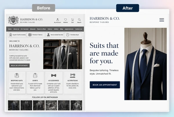 An old bespoke tailor home page beside its rebuilt version, labelled before and after
