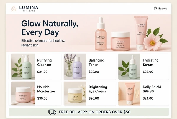 A skincare brand online shop page showing six products with photographs and prices