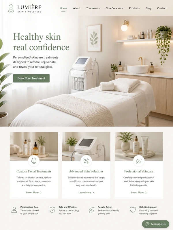 A skincare clinic home page with three treatment cards and a message button