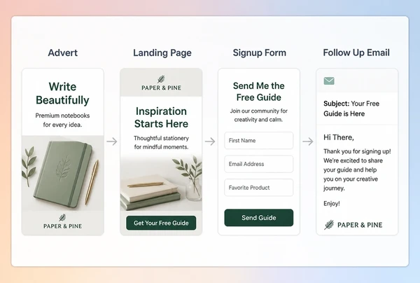 A four step stationery brand campaign path from advert to page to form to follow up email