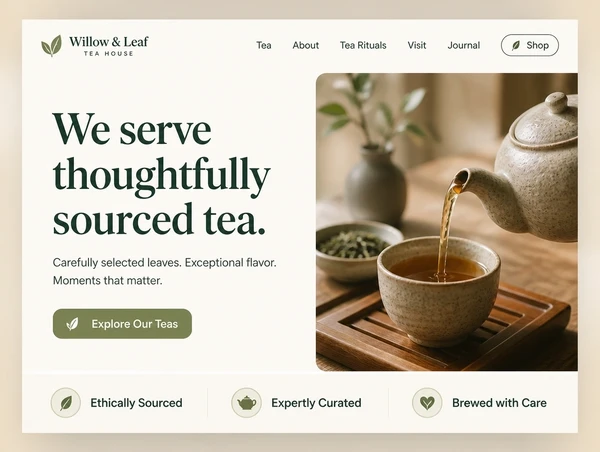 The top of a tea house home page with a clear headline, one photograph and one button