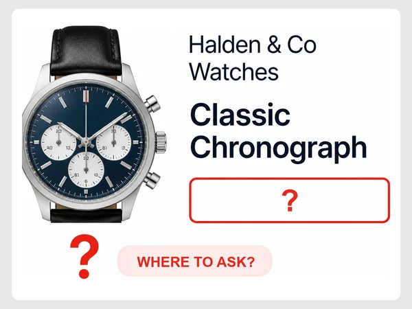 Halden & Co Watches product page leaves the Contact area empty beneath Classic Chronograph with a red question mark.