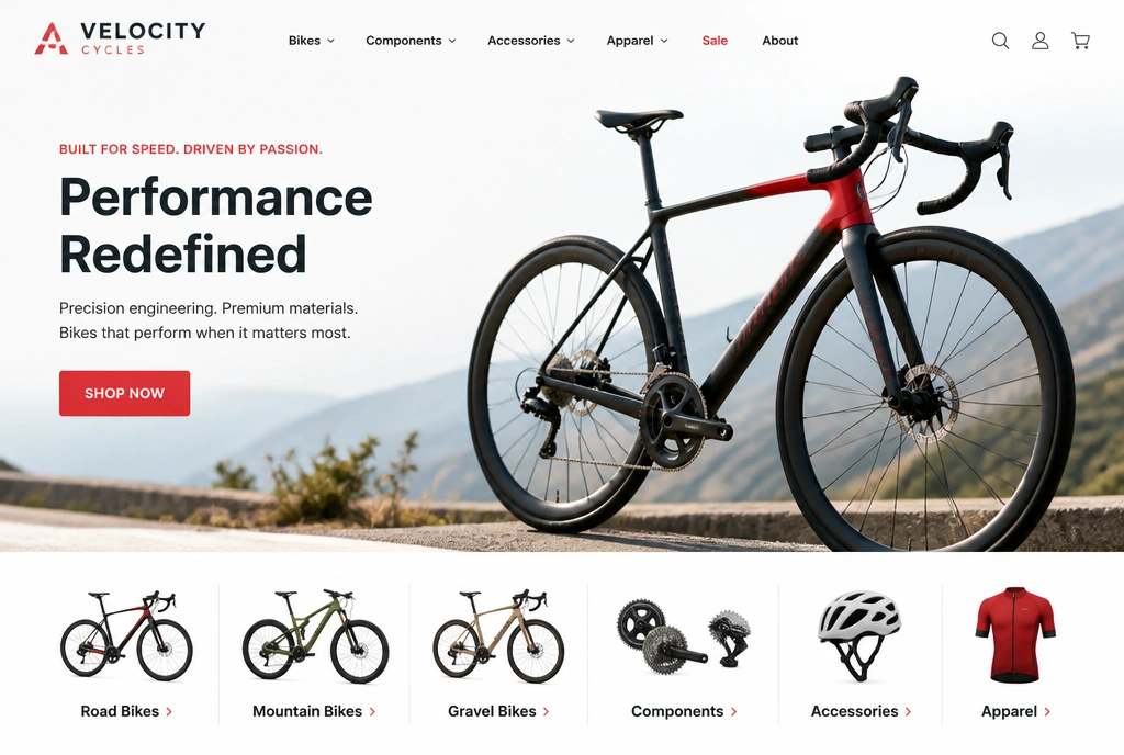 A bicycle shop home page with a category row and a shop now button