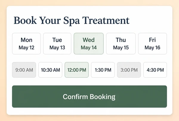 A spa treatment booking screen with weekday, date and time options above a confirm button