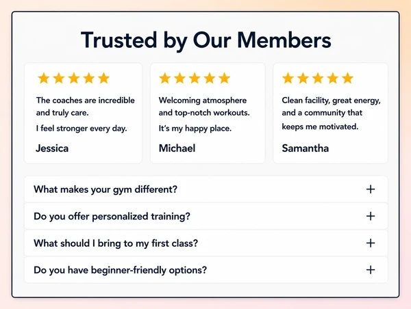 A boutique gym website section showing three customer reviews above a list of four questions