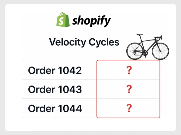Velocity Cycles Shopify list shows red question marks under Page for orders 1042, 1043, and 1044.