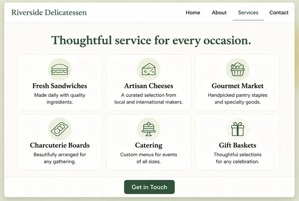 A delicatessen website services page showing six service cards in a grid