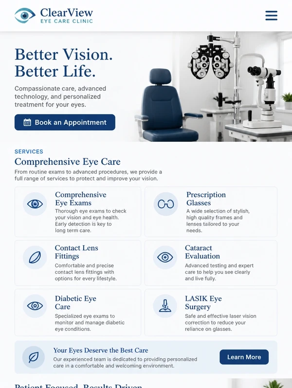 An eye clinic website on a phone with services and a booking button