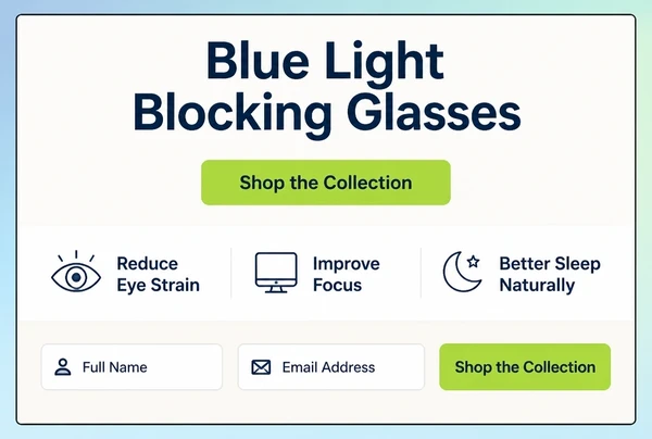 A one page eyewear brand website with one offer, three benefit lines and a single button