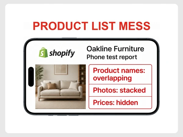 Oakline Furniture Shopify phone report marks overlapping product names, stacked photos, and hidden prices in red.