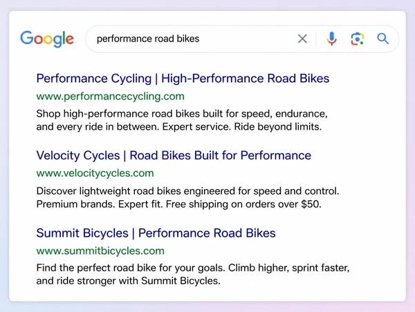 A Google results page where the first of three results is a performance cycling website