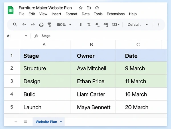A Google Sheets build plan for a furniture maker website with four stages and their dates