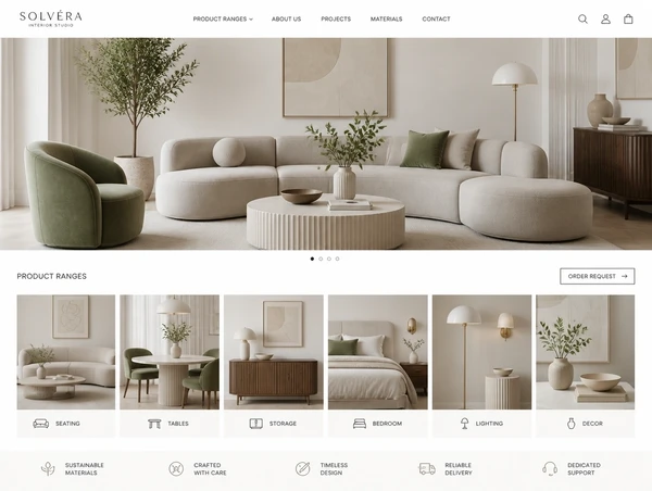 An interior studio website with product ranges and an order request button