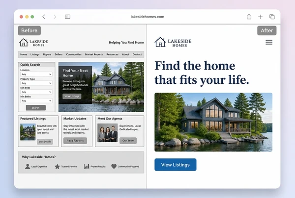 An old real estate home page beside its rebuilt version, labelled before and after