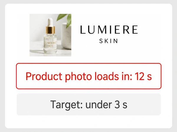 Lumiere Skin speed report shows its product photo loading in 12 seconds against a target under 3 seconds.