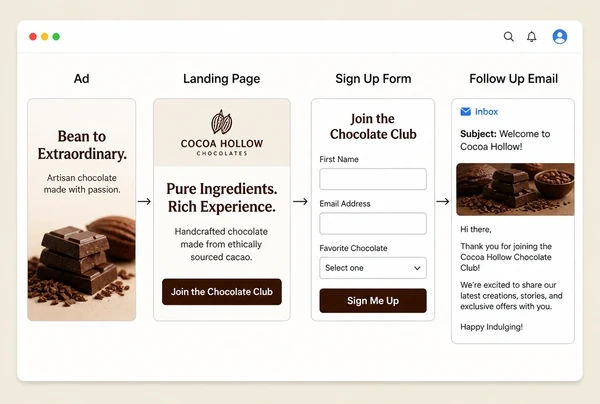 A four step chocolate maker campaign path from advert to page to form to follow up email