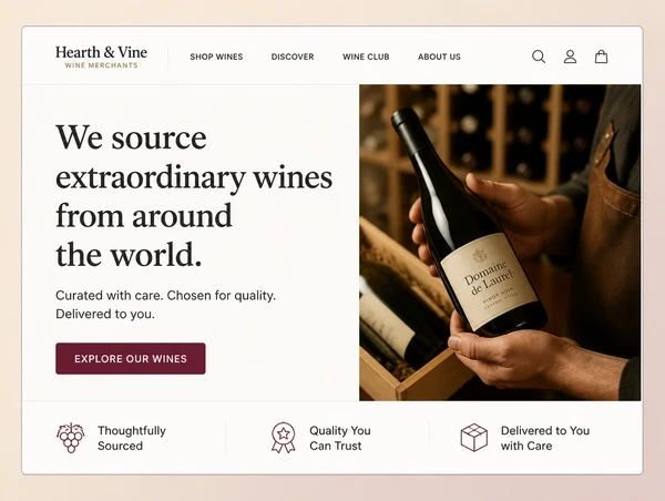 The top of a wine merchant home page with a clear headline, one photograph and one button